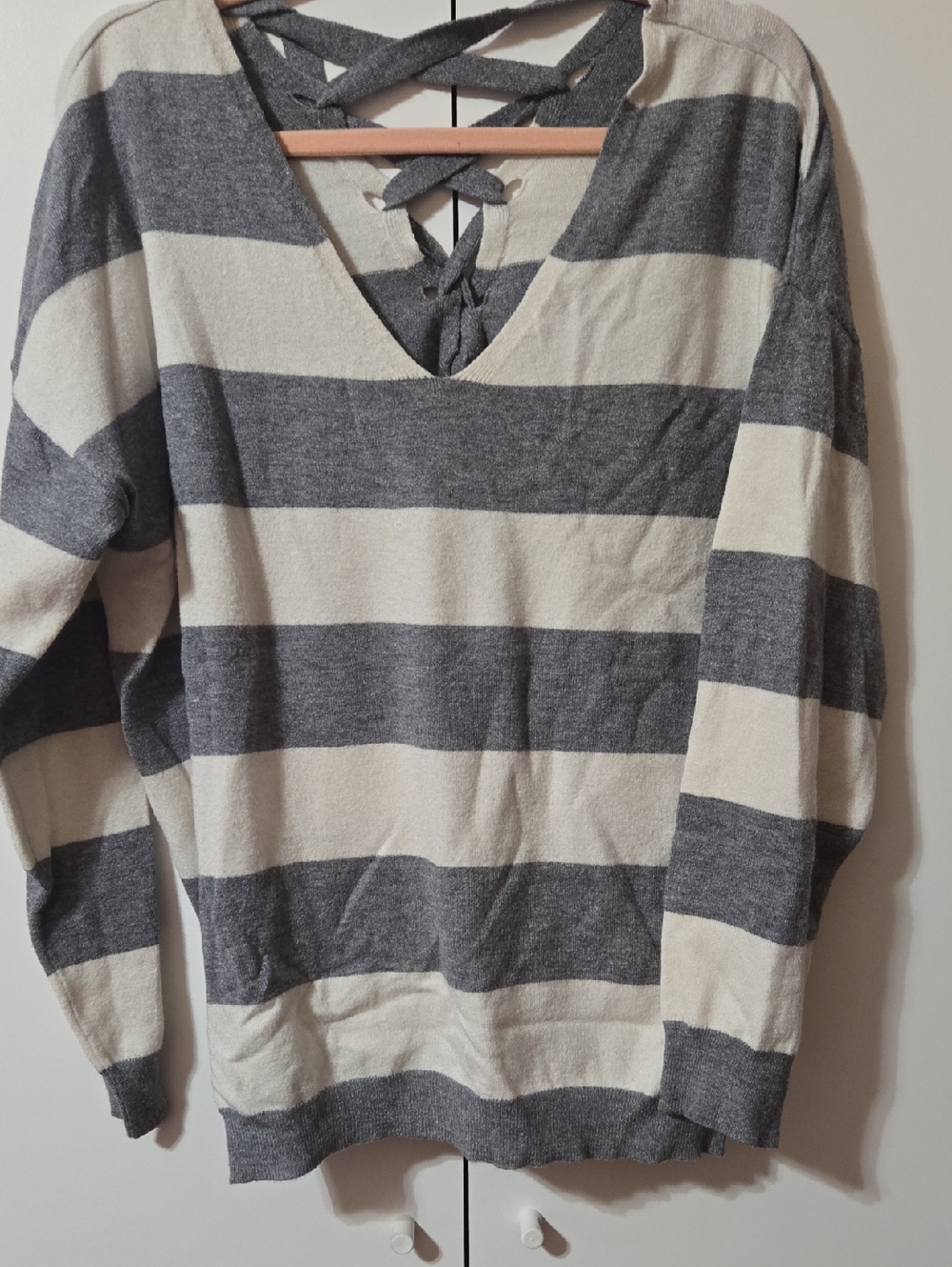 Marquise Gray & Cream Striped Pullover with Lace-Up Back